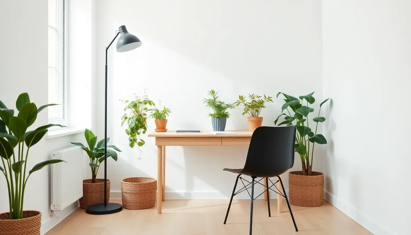 Et lyst hjemmekontor med et træskrivebord, en sort stol, en gulvlampe og grønne planter i kurve.