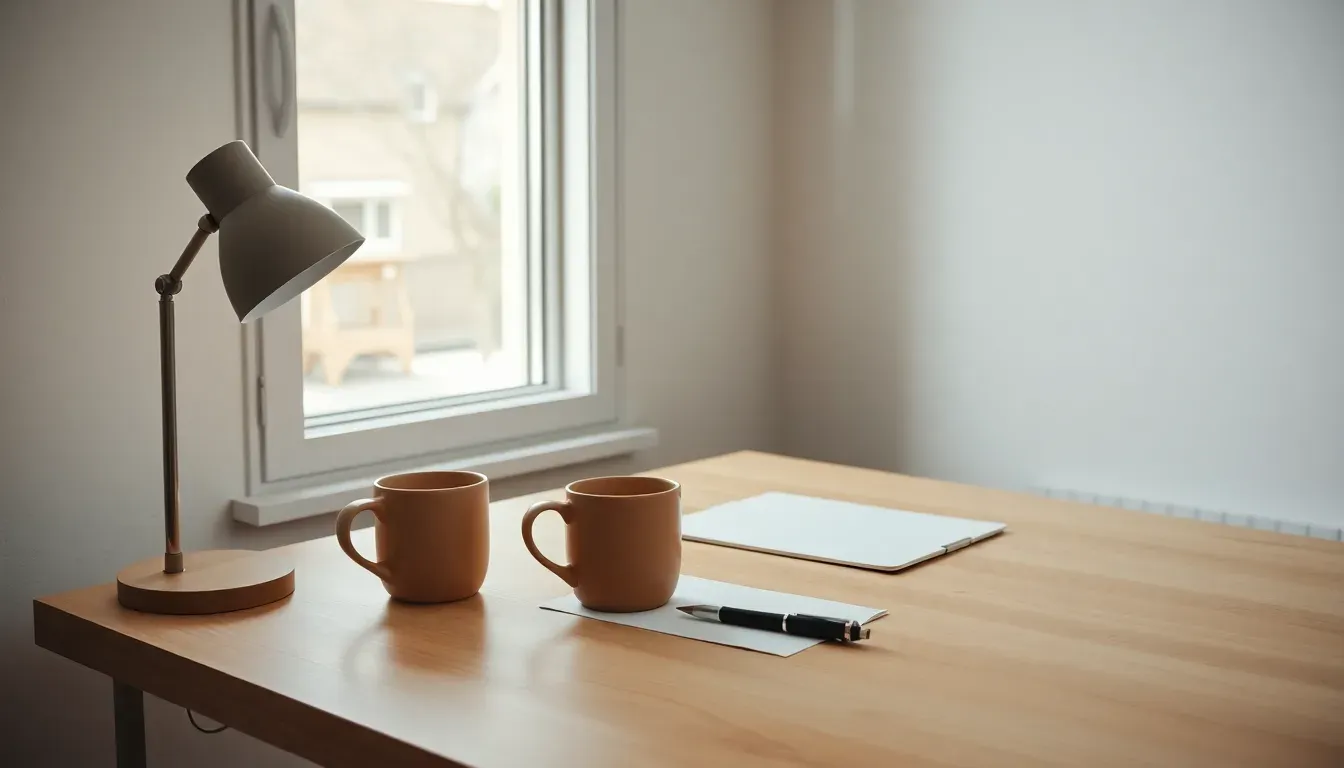 Skrivebord med bordlampe, to kaffekopper, kuglepen og notesblok ved et vindue.