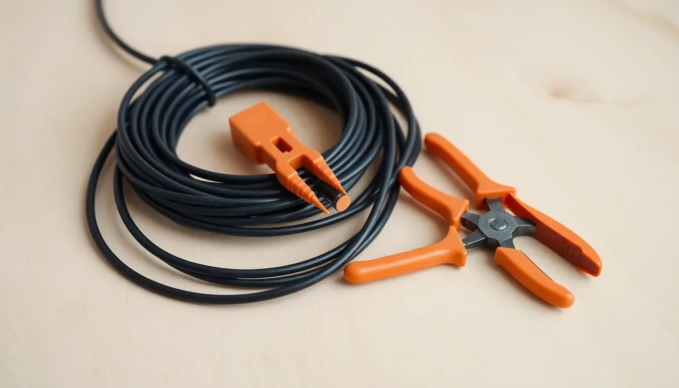 Et oprullet sort elkabel og en tang med orange håndtag på et lyst træbord.