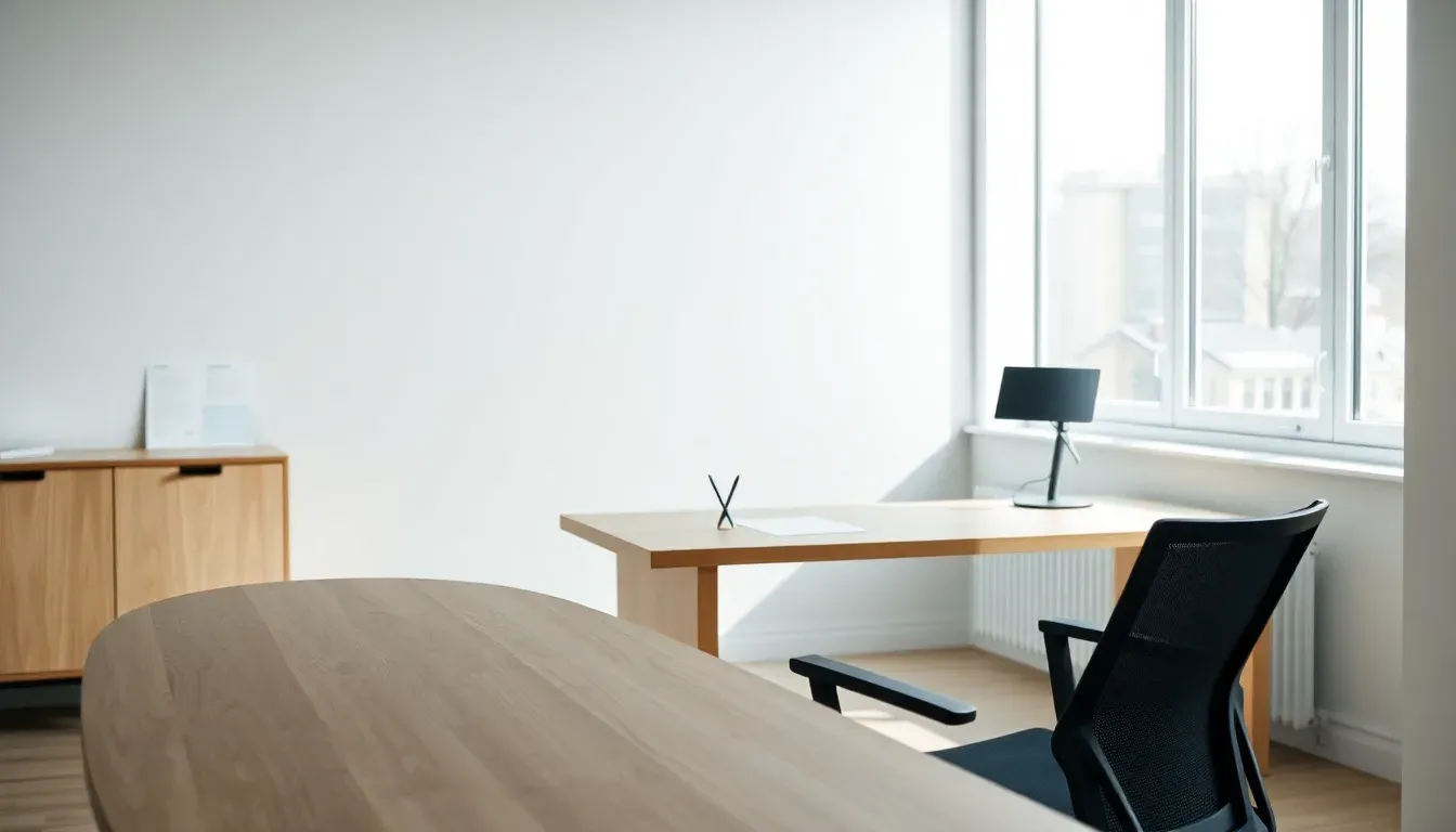 Et minimalistisk managers-kontorlokale med lyst træbord, ergonomisk stol og morgenslys fra vinduet.