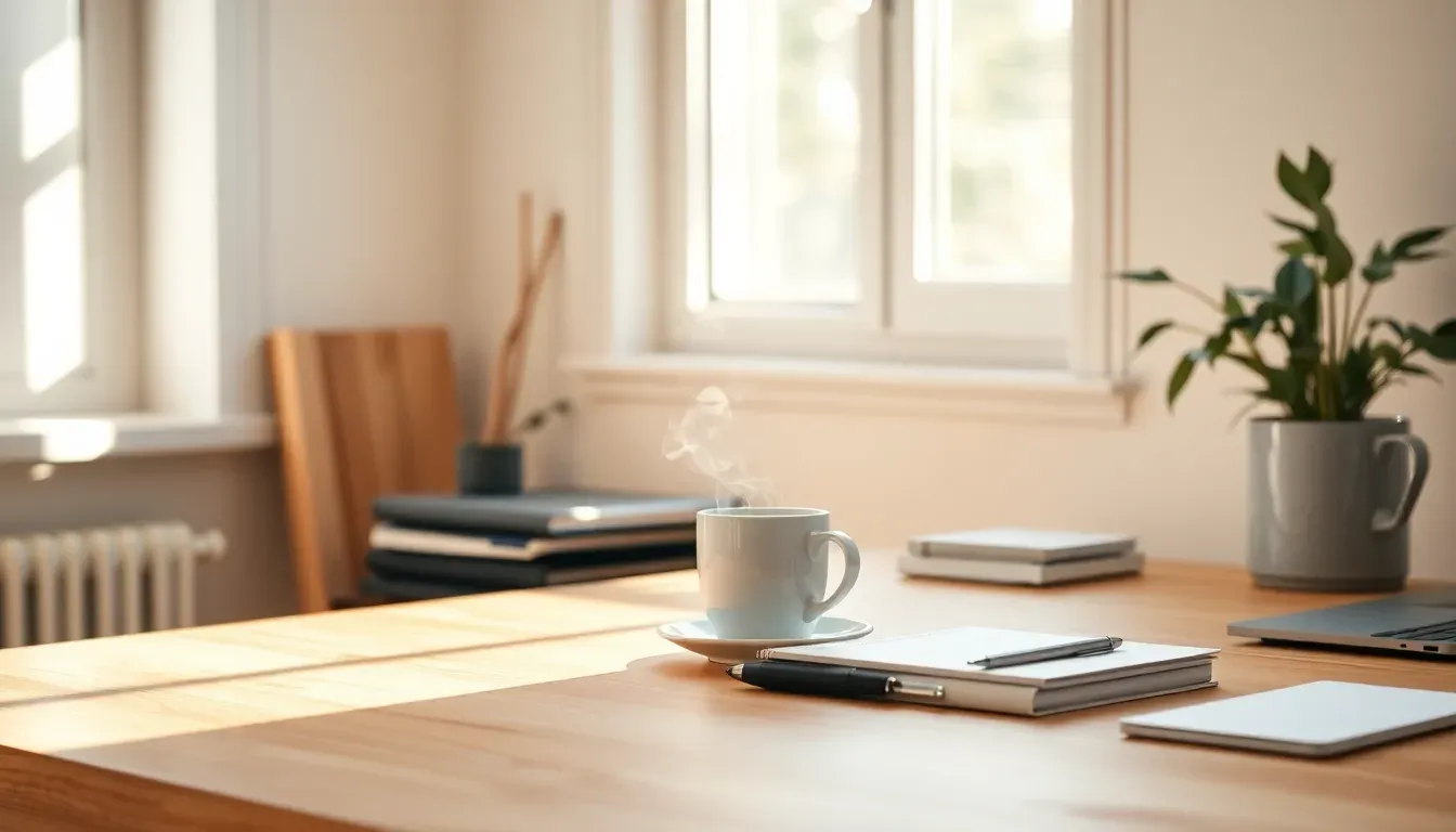 Skandinavisk hjemmekontor med dampende kaffekop, pen og hænder på træbord i morgenlys.