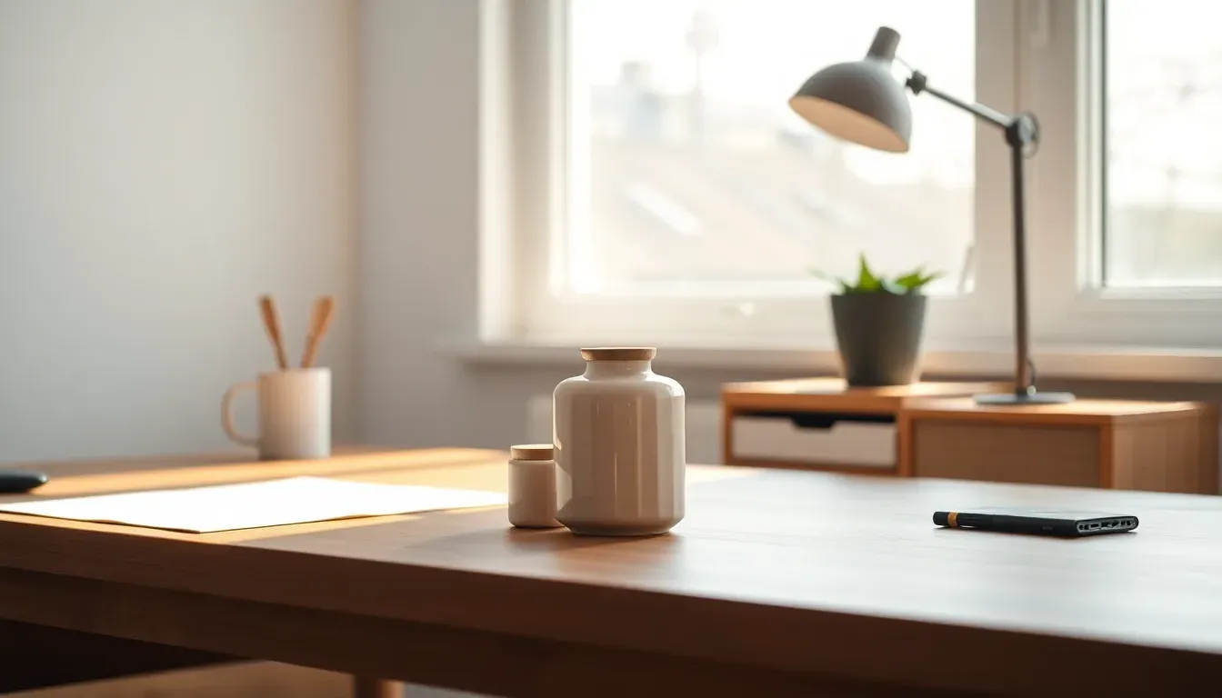 Skrivebord i lyst hjemmekontor med bordlampe, notesblok og krukker i morgenlys fra vinduet.